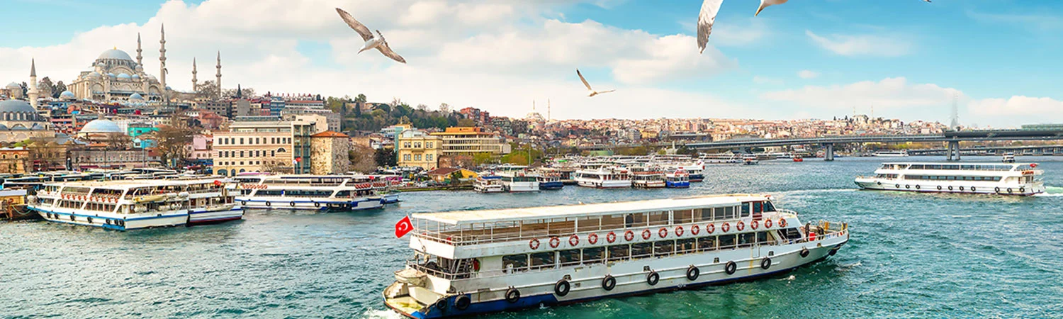 A scenic view of the Bosphorus Strait in Istanbul, with ferries navigating the turquoise waters, seagulls flying overhead, and a backdrop of the city’s iconic skyline featuring mosques and bridges.