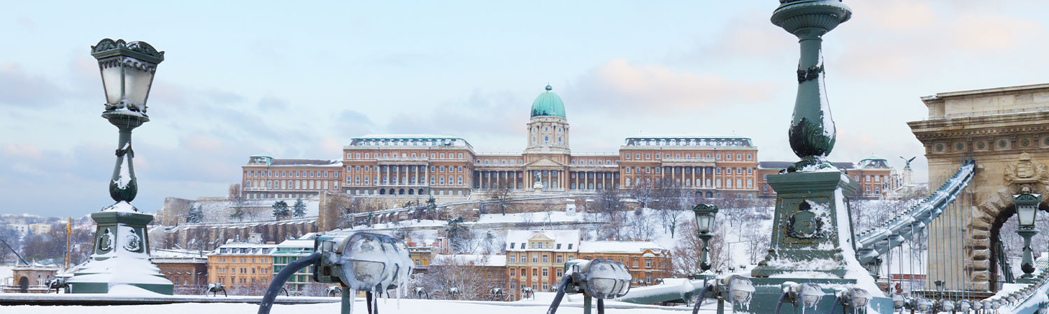 A scenic winter view of a historic building with a green dome, surrounded by snow-covered landscape, elegant street lamps, and a stone bridge, evoking a sense of classic European architecture and serene beauty