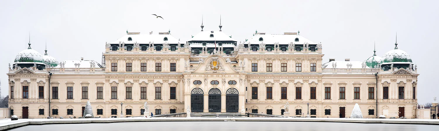 A winter view of the historic Belvedere Palace in Vienna, adorned with intricate architectural designs and statues. The grandeur of the palace is accentuated by the overcast sky and the snow on its roof. A flock of birds adds life to the serene scene.