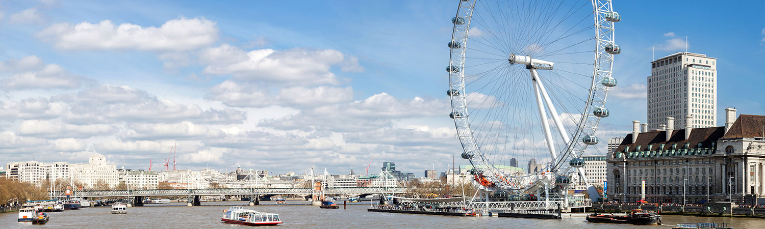 It is a panoramic view of London, featuring the iconic London Eye and River Thames. The River Thames is prominently featured in the foreground with several boats navigating its waters.