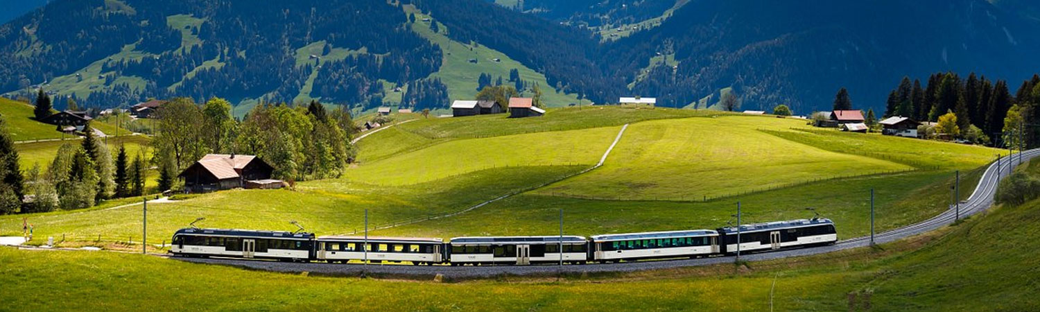 The image captures a scenic view of a modern train traversing the picturesque landscape of the Swiss Alps.