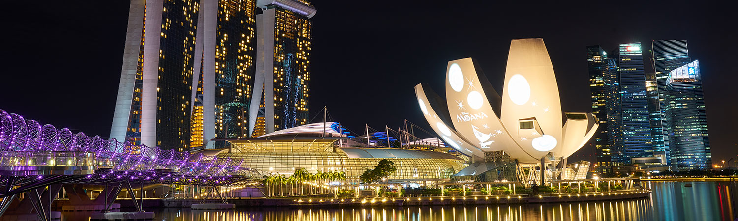 Panoramic night view of Marina Bay Sands, Helix Bridge, and ArtScience Museum in Singapore