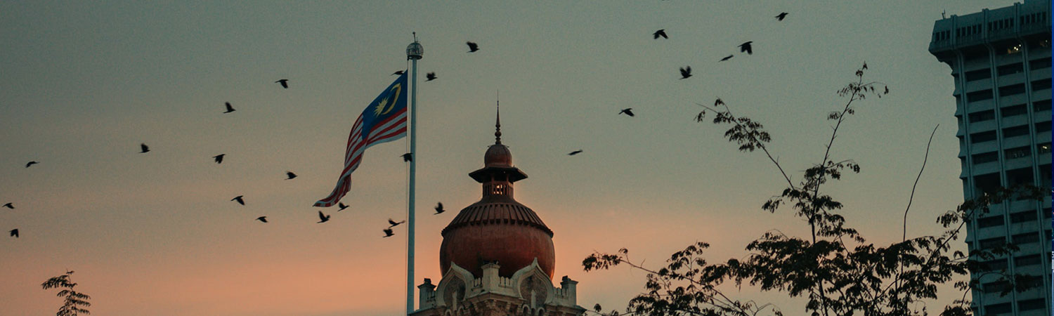 Evening view of Malaysian flag and dome-shaped building with birds and skyscraper.