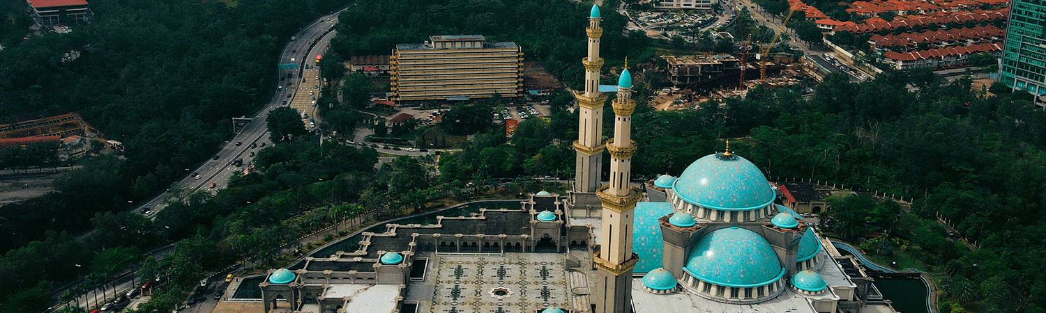 Aerial view of mosque with turquoise domes and minarets surrounded by greenery and urban development.