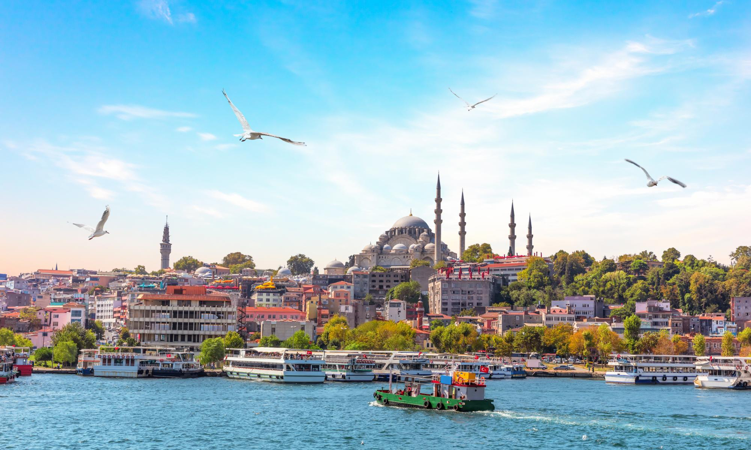 Eminonu Pier and Suleymaniye Mosque in Istanbul Turkey
