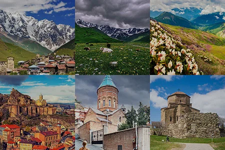 Collage of scenic landscapes and historic architecture featuring mountains, green fields, and ancien